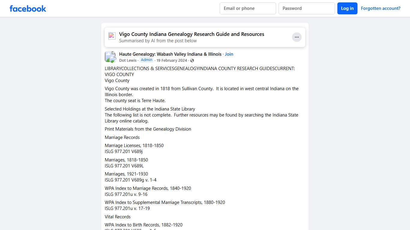 Haute Genealogy: Wabash Valley Indiana & Illinois LIBRARYCOLLECTIONS & SERVICESGENEALOGYINDIANA COUNTY RESEARCH GUIDESCURRENT: VIGO COUNTY Facebook