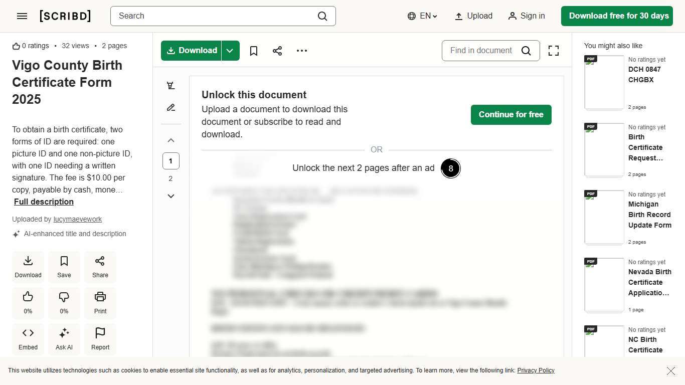 Vigo County Birth Certificate Form 2025 PDF Birth Certificate Cheque